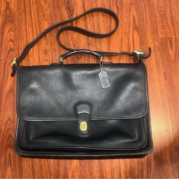 Vintage Coach Black Leather Flap Briefcase - Picture 1 of 9